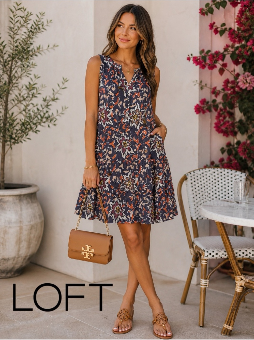 💙💗 LOFT Floral Scroll Print Sleeveless Shift Mini Dress Small | Boho Tank